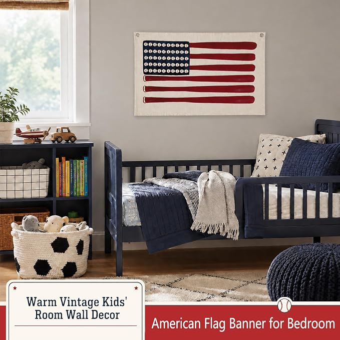 Vintage Sports Baseball Wall Art Decor Canvas Banner | Retro Baseball Wall Decorations for Boys Room Nursery Bedroom Playroom, Base Ball Bat American Flag Banner, 30x20 in