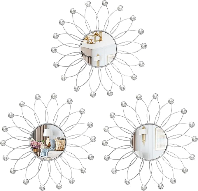 3 Pack Metal Mirrors for Wall Sunburst Wall Mirrors Home Décor Decorative Hanging Wall Art for Living Room Bedroom Entryway (Silver2 Crystal, Flowers)