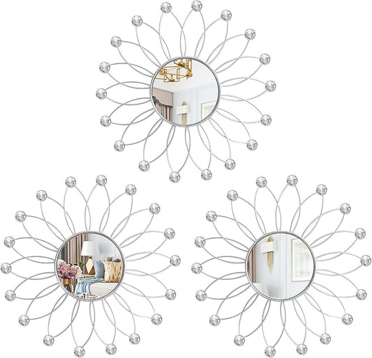 3 Pack Metal Mirrors for Wall Sunburst Wall Mirrors Home Décor Decorative Hanging Wall Art for Living Room Bedroom Entryway (Silver2 Crystal, Flowers)