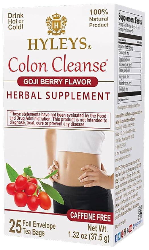 HYLEYS Colon Cleanse Tea, Goji Berry Flavor - 25 Individually Wrapped Herbal Tea Bags - Caffeine Free, Gluten Free