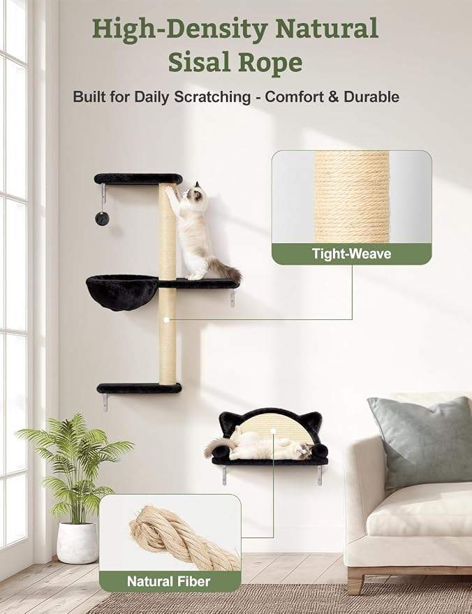 5-in-1 Cat Wall Shelves, Solid Wood Cat Wall Furniture Set for Indoor Cats | 44 lb per Shelf, 72-Hour Load Tested, Pre-Drilled, Fits 16 in. Stud Drywall & Solid Walls, for Small to Medium Cats