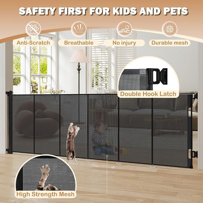 SMONTER Extra Wide Retractable Dog Gates, Mesh Baby Gate with Support Rods Extend to 118" Wide 44" Tall, Portable Safety Retractable Gate for Stairs, Indoor/Outdoor, Black