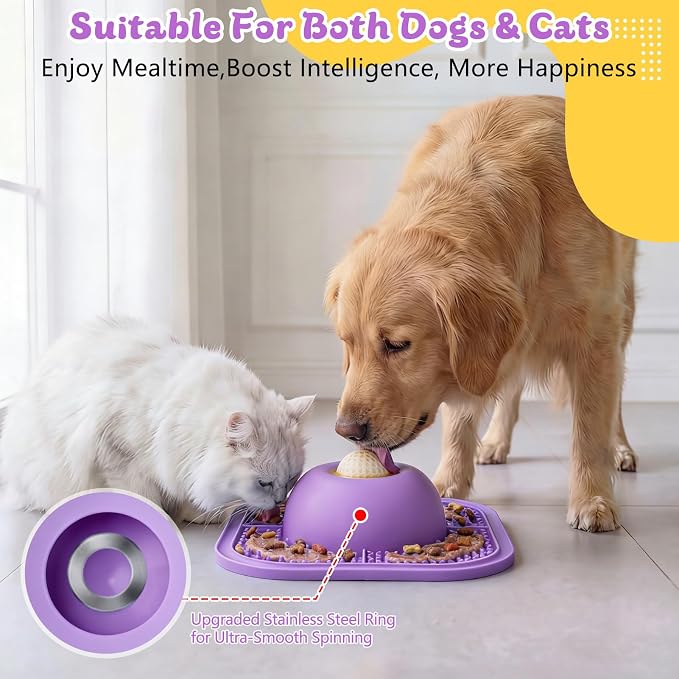 Slow Feeder Dog Bowls & Lick Mat for Liquid and Thick Treat, Anti-Slip Dog Lick Bowl with Interactive Rolling Ball, 5/6 Cup Pup Licking Toy for Large Medium Small Dogs and Cats-Large Purple