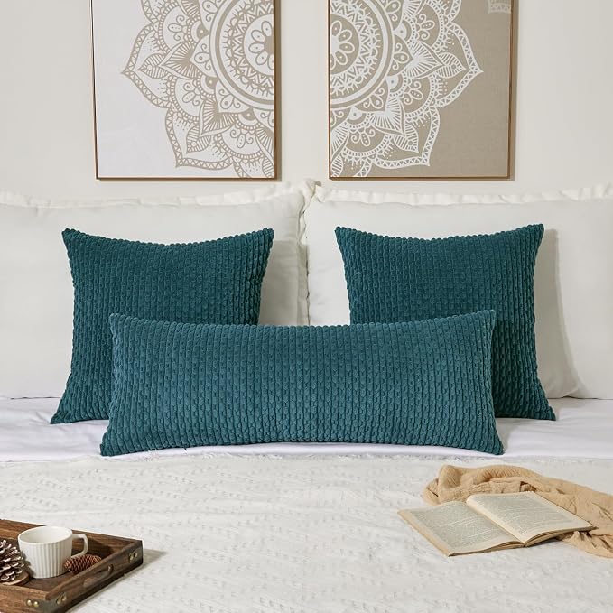 Kevin Textile Soft Corduroy 20"x54" Body Pillow Cover 1 Pack, Teal Blue | Boho Stripe Plush Corduroy Decorative Oblong Cushion Cover Modern Farmhouse Home Decor for Sofa Couch Bed Chair