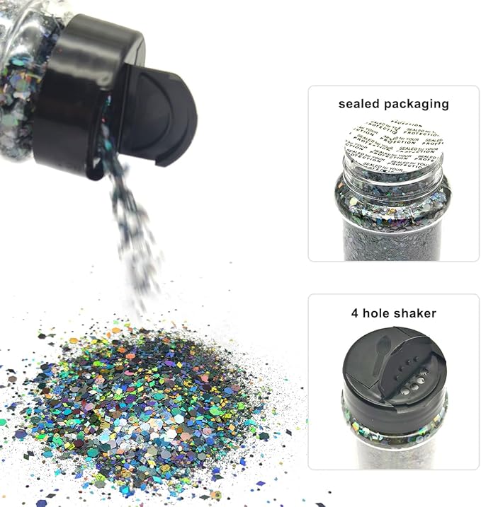 Dark Silver - Holographic Craft Glitter - 2oz Glitter Shaker Bright Colorful Mix Chunky Body Glitter Bulk - 24 Colors in Shaker, Cosmetic Grade Glitter - EBLB901