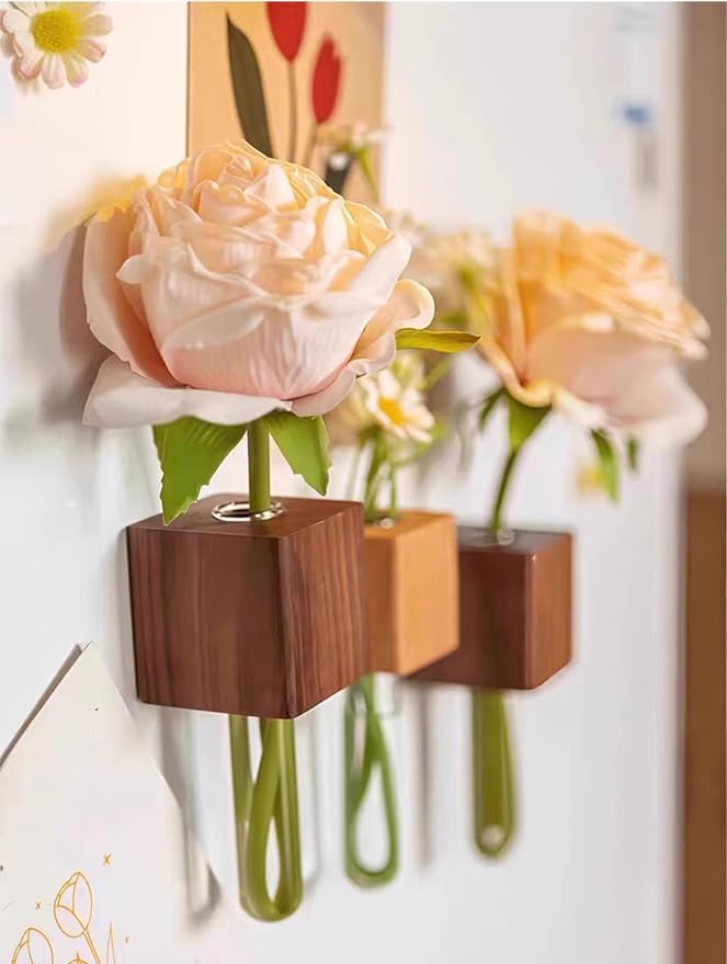3 Pack Wooden Hydroponic Vase Fridge Magnets, Mini Glass Planter with Strong Magnet for Refrigerator Whiteboard Cabinet, Home Kitchen Decor for Succulents Cuttings Small Flowers