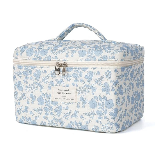 honitty Makeup Bag,Quilted Cosmetic Bags,Large Floral Make Up Bags for Women, Makeup Organize,Flower Travel Toiletry Bag