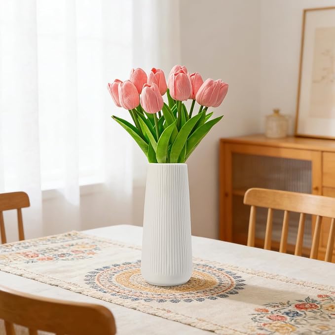 Ceramic Vase for Flower, Pampas Grass Vase, 7.8''H Ribbed Decor Vase, White | Nordic Minimalist Flower Vase, White Modern Home Office Decor Vases, For Living Room, Dining Table, Bedroom, Kitchen Shelf