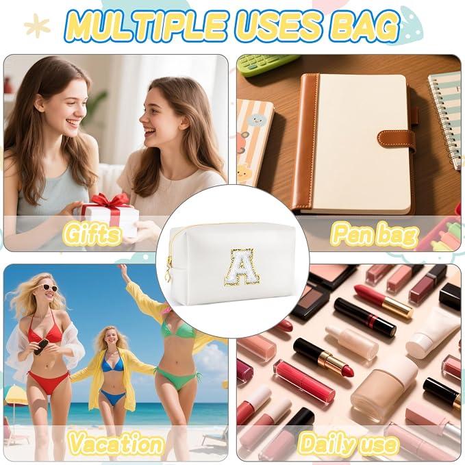 URSKYTOUS Gifts for Girls Initial Makeup Bag Personalized Cosmetic Bag with Zipper Cute Travel Toiletry Bags Waterproof PU Preppy Makeup Pouch Birthday Gift for Teen Girls Women(White A)