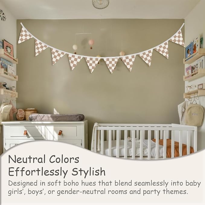 Boys Room Wall Art Decor,Cars Room Decor for Toddler Nursery Playroom,Brown and White Checkered Garland Pennant Banners,Racing Flags 11Ft Bunting Flags Fabric for Baby Shower Birthday Party