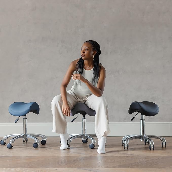 Ergonomic Saddle Stool Adjustable Pneumatic Swivel Rolling Saddle Seat Stool with Wheels for Medical Hygienic SPA Massage Salon Home and Office 506 Haku (English Violet)
