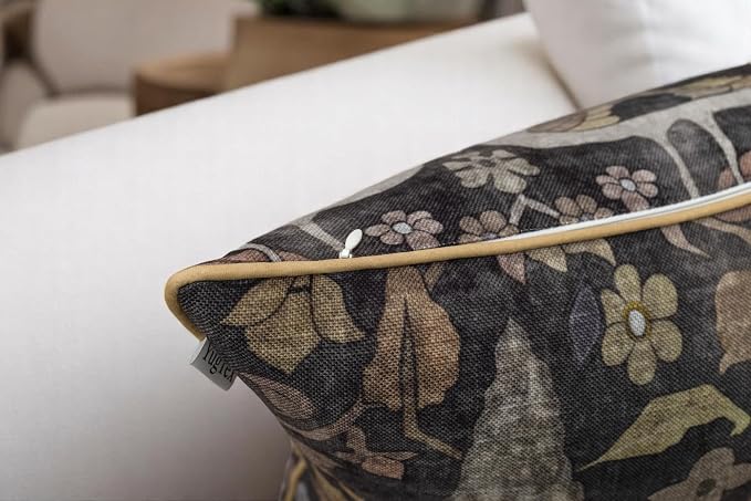 Bird Floral Print 18x18 Throw Pillow Cover, Charcoal | Folk-art birds and blooms on charcoal slub, muted gold piping; both sides printed; hidde; cover only
