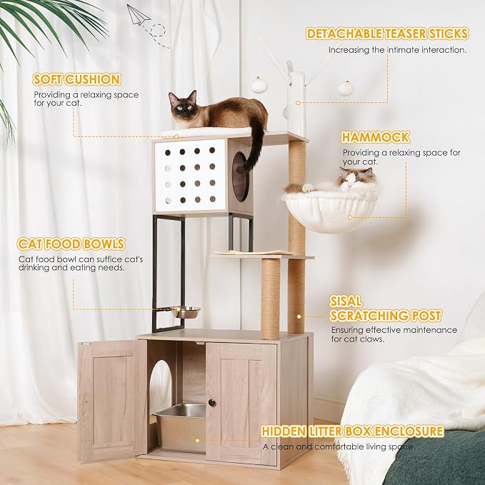 Cat Tree & Litter Box Enclosure,Modern All-in-one Indoor Cats Tower with Large Platform, Cat Condo with Wood House, Food Station, Hammocks (23.6”)