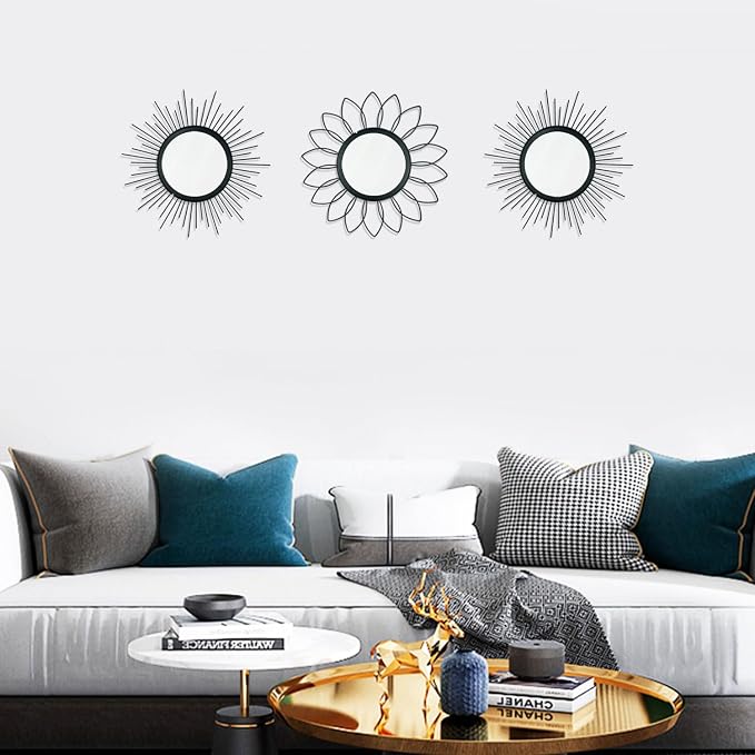 3 Pack Metal Mirrors for Wall Sunburst Wall Mirrors Home Décor Decorative Hanging Wall Art for Living Room Bedroom Entryway (Black, Flower+Sunburst)