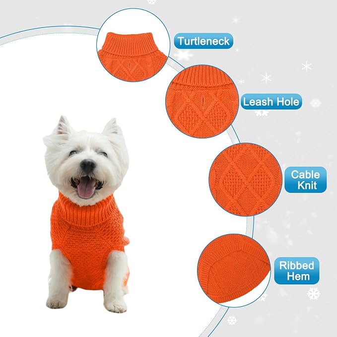 Mihachi Turtleneck Dog Sweater - Winter Coat Apparel Classic Cable Knit Clothes with Leash Hole for Cold Weather, Ideal Gift for Pet in New Year Orange Small