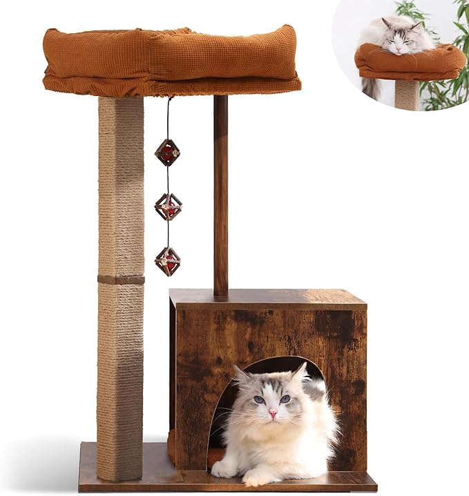 FUKUMARU Retro-Modern Cat Tree, Small Wooden Cat Tower with Post and Condo | 32.6" Aesthetic Cat Tree Tower for Indoor Adult Cats, Solid Scratcher with Natural Sisal Scratching Post and Silvervine Balls