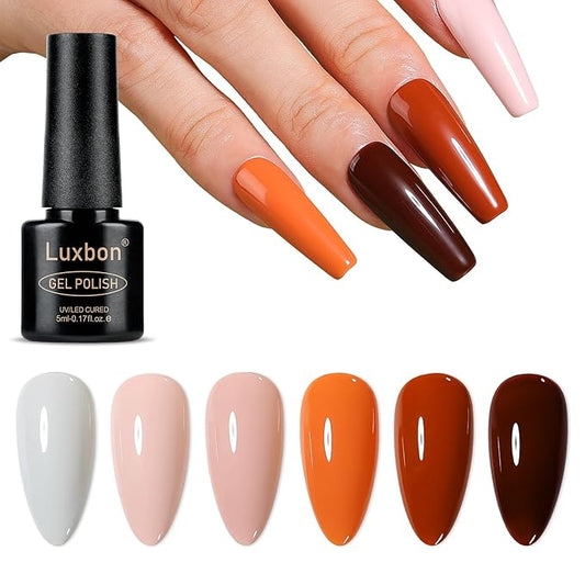 Luxbon 6 pcs Gel Nail Polish Set - Fall Color Set Long Lasting Autumn Gel Polish, uv led Soak Off Nail Art Designs Manicure Kit 019