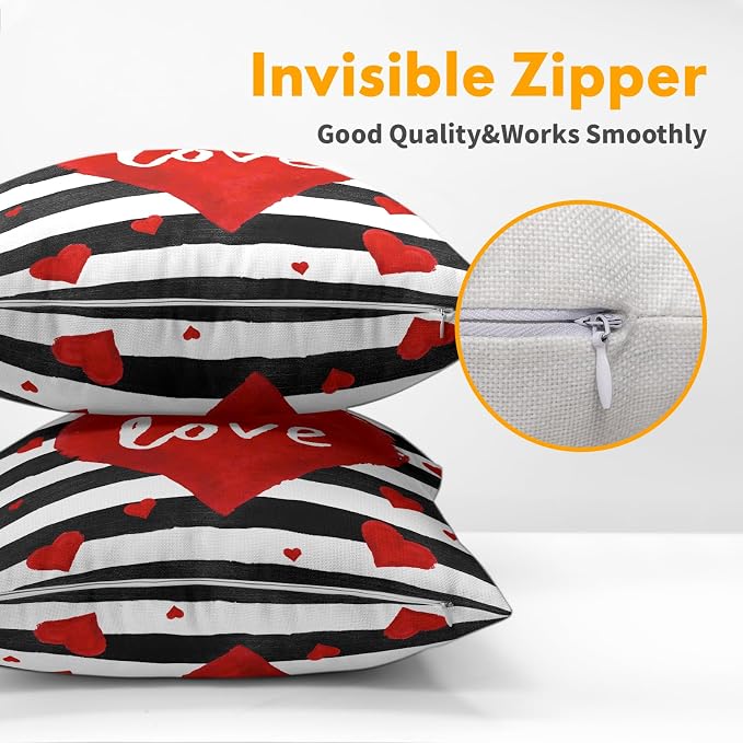 Kawani Valentine's Day Throw Pillow Covers 16x16 Inch Set of 2 Romantic Love Hearts Black White Stripes Pillowcase Cotton Linen Couch Cushion Case for Wedding Home Sofa Couch Decor
