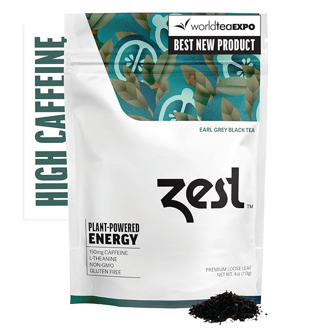 Zest Energy Black Tea - Earl Grey Loose Leaf Blend - High Caffeine Bergamot - Caffeinated Coffee Altnernative/Substitute - Natural, Non-GMO & Keto Friendly - Hot or Iced - 50 Servings - 150mg Caf