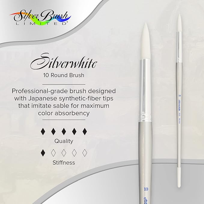 Silver Brush Limited 1500-10 Silverwhite Round Paintbrush for Watercolor, Gouache, Inks, Dyes, Fluid, & Flow Acrylic, Size 10, Long Handle