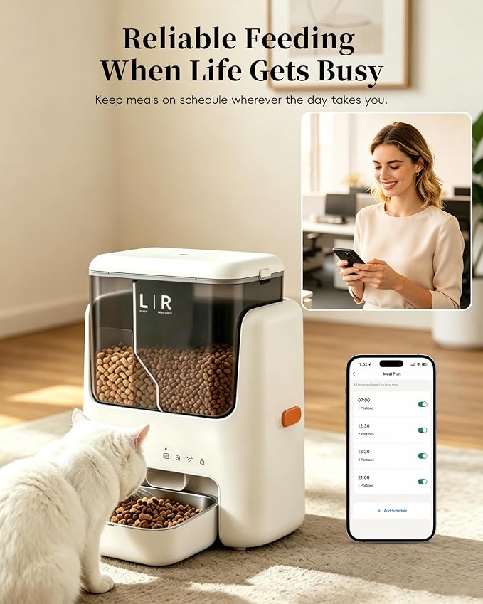 Automatic Cat Feeder, Dual Hopper for Meals & Treats, App Control | Two dry food choices, app feeding plans, 5L capacity, removable bowl, and backup power option for indoor feeding.