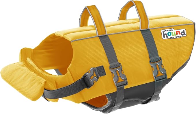 Outward Hound Granby Splash Dog Life Jacket, Life Vest, Yellow, Large | Max Buoyancy, Adjustable Fit, Head/Neck Support, Rescue Handle, Reflective, Swimming & Boating, Large Dogs (28–32" Girth)