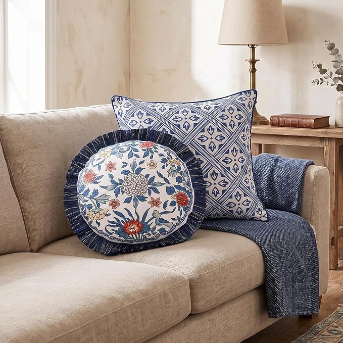 patdrea Designer Vintage Linen Throw Pillow Cover,Diameter 16"-Ivar A | Decorative Pillow Case,Chinoiserie Blue Floral Print Pillow Cover for Couch Living Room Bedroom Sofa,Fringe Trim