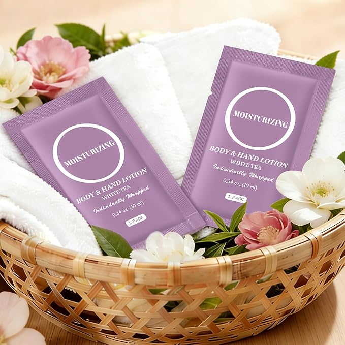 Travel Body Lotion, Individually Wrapped Hand Cream Lotion Bulk, Nourishing Extra Dry Skin Mini Small Packet Size Shower Moisturizer Lotion Toiletries for Travel, Hotel Homeless 0.34 oz (Pack of 100)