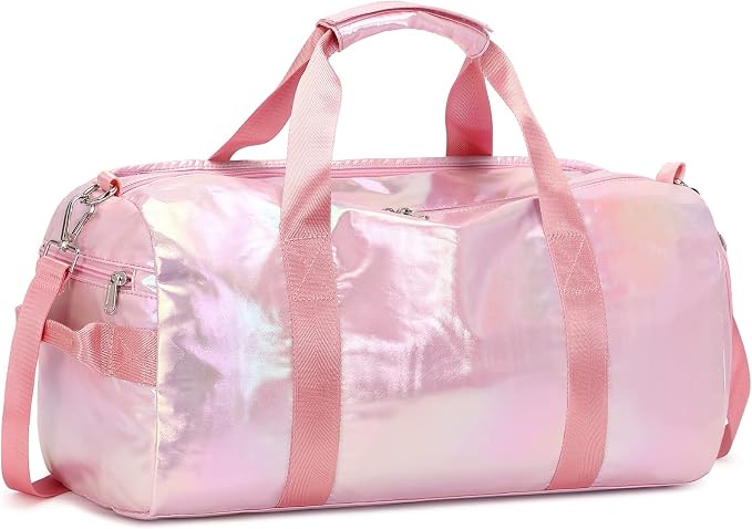 Gym Bag Sports Duffle Bag with Wet Pocket Weekender Overnight Bags with Waterproof Shoe Compartment for Girls Kids Women Travel Dance Yoga Workout Bags (Pink)