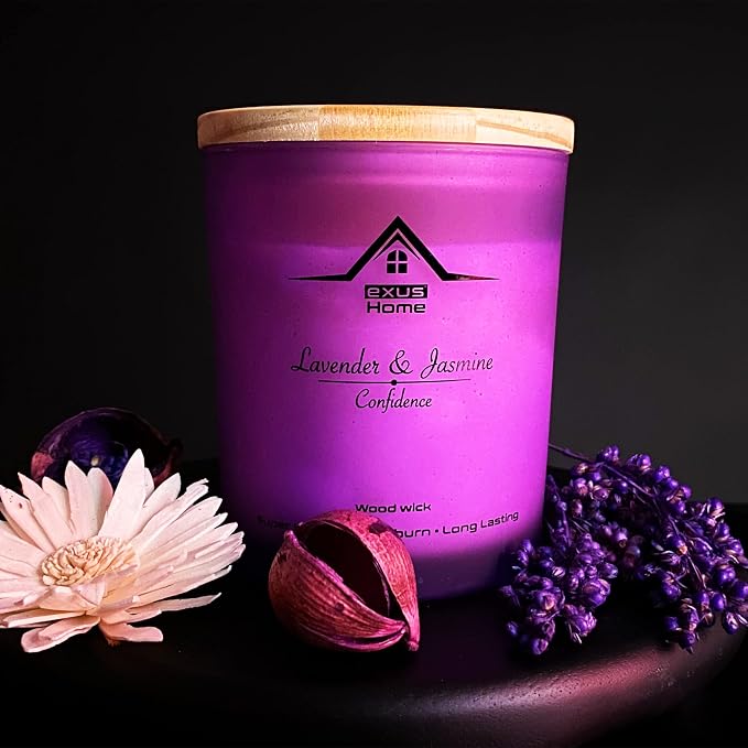 Exus Hand Crafted, Soy Wax, Wood Wick, Aromatic Candle. Non-Toxic (Lavender & Jasmin/Confidence)