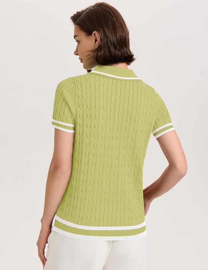 Micoson Womens Short Sleeve Sweater Tops Lapel V Neck Polo Shirts 2026 | Summer Cable Knit Loose Blouses, Business Casual Outfits