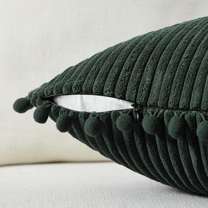 Fancy Homi 2 Pack Dark Green Small Decorative Throw Pillow Covers 14x14 Inch with Pom-poms for Couch Bedroom, Soft Corduroy Solid Rectangle Cushion Case 35x35 cm, Farmhouse Boho Home Decor