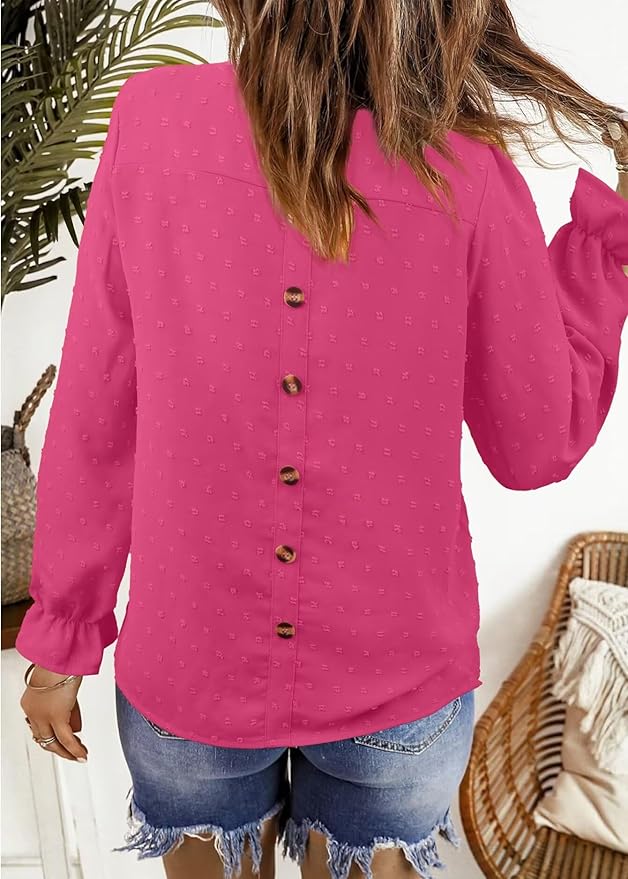 Womens Boho Tops Long Sleeve Shirts For Women Cute Crewneck Blouse Dressy Casual Swiss Dot Crochet Hollow Top 2026