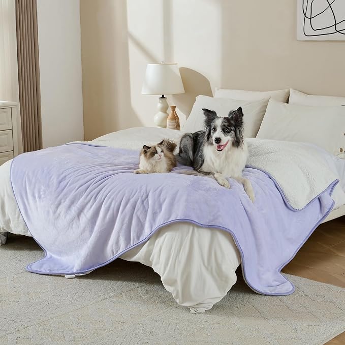 Soft Waterproof Blanket for Bed Couch Sofa, Lilac, 50x60 inches | Liquid Pee Proof Pet Blanket for Dog Puppy Cat, Reversible Sherpa Fleece Blanket for Couch Cover, Furniture Protector