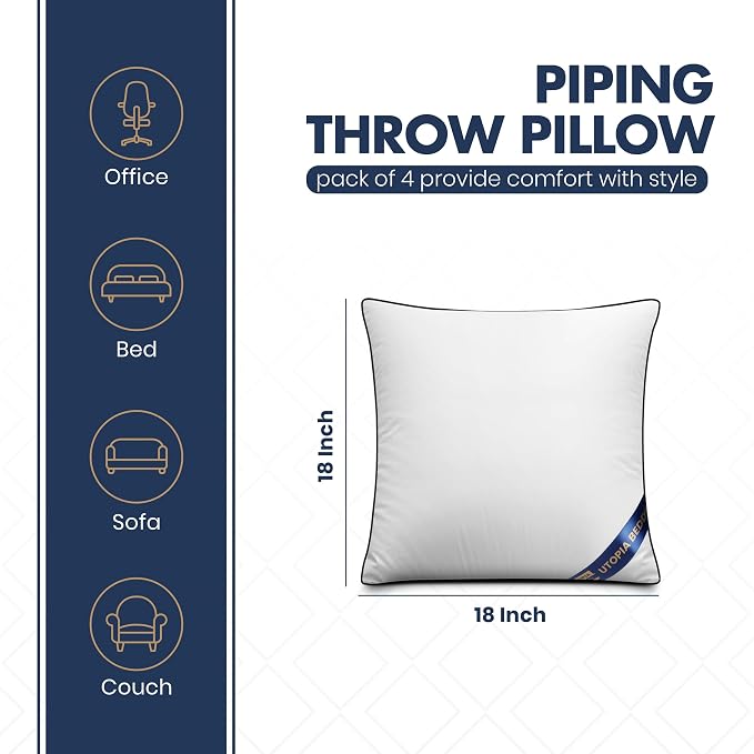 Utopia Bedding 18x18 Throw Pillow Inserts, Decorative Pillows, Pack of 4 | Piping Throw Pillows, Plush & Supportive, Aesthetic Cushion Sham Stuffer for Sofa, Office, Couch & Bed, Set of 4, White