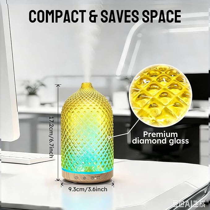 Essential Oil Diffuser, 3D Diamond Glass Aromatherapy Diffuser with Ultrasonic Cool Mist, 7 Color LED Lights, 1/2/4H Timer, Quiet Auto Shut-Off Oil Diffuser for Bedroom, Home, Office (Yellow)
