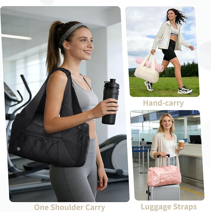Small Gym Bag for Women, Mini Duffel Bag with Shoe Compartment, Cute Sports Tote Bag Dance Yoga Mat Luggage with Crossbody Water Bottle Bag, Beige