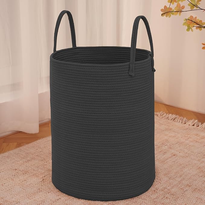JMvicyroam 100L Cotton Rope Laundry Basket Hamper, Black | Collapsible laundry basket, reinforced handles, freestanding, machine washable, holds 3-5 thick blankets, clothes or toys