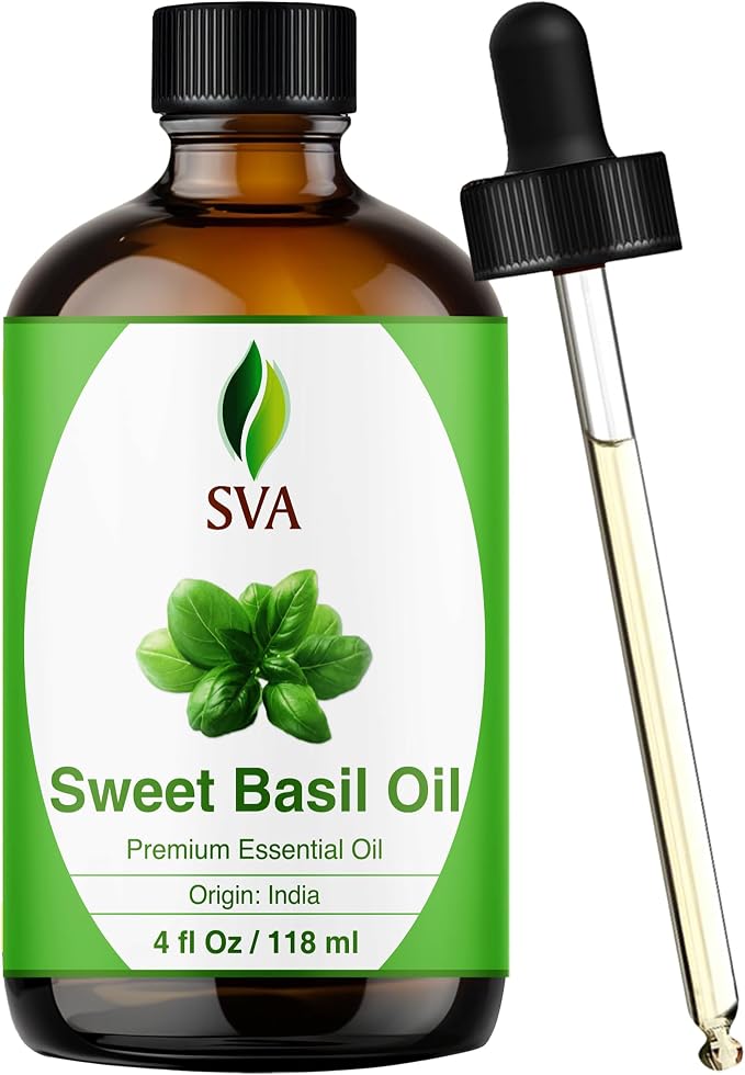 SVA Sweet Basil Essential Oil 4 Fl Oz – for Diffuser, Skin & Hair Care – Ideal for Massage & DIY Blends - with Dropper