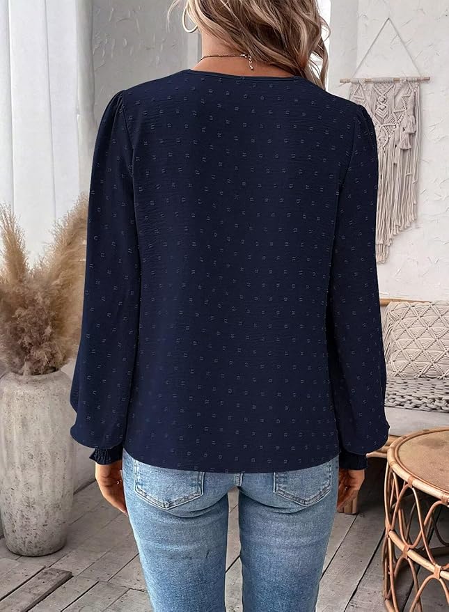 Womens Tops Swiss Dot Boho Long Sleeve Shirts V Neck Casual Chiffon Blouses Flowy Lace Hem Cute Clothing Trendy 2026