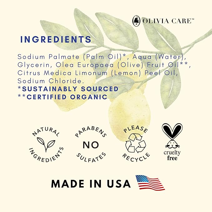 Olivia Care Lemon Bar Soap 3 Pack Natural, Organic - Infused with Citrus Lemon Essential Oil - Clean Energize Mind Body - Moisturize, Hydrate - Makes Skin Soft & Silky - 3 X 5 OZ