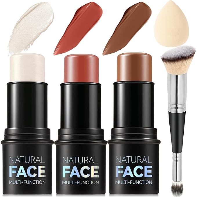 3Pcs Cream Contour Stick Makeup Kit, Shades with Highlighter, Blush and Bronzer Contour Stick for Sculpt the Cheeks, Long Lasting, Waterproof, Matte & Dewy Finish FAIR(7+9+11)