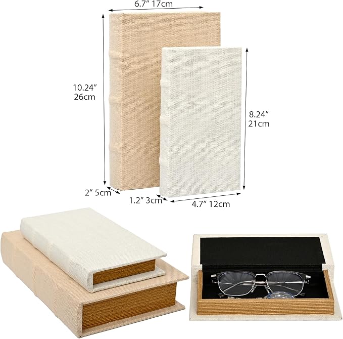 DECOR4SEASON Decorative Faux Book Storage Boxes Set of 2, Linen Fabric Textured Books, Off White, Modern Minimalist Home Decor, Bookshelf Accents for Coffee Table