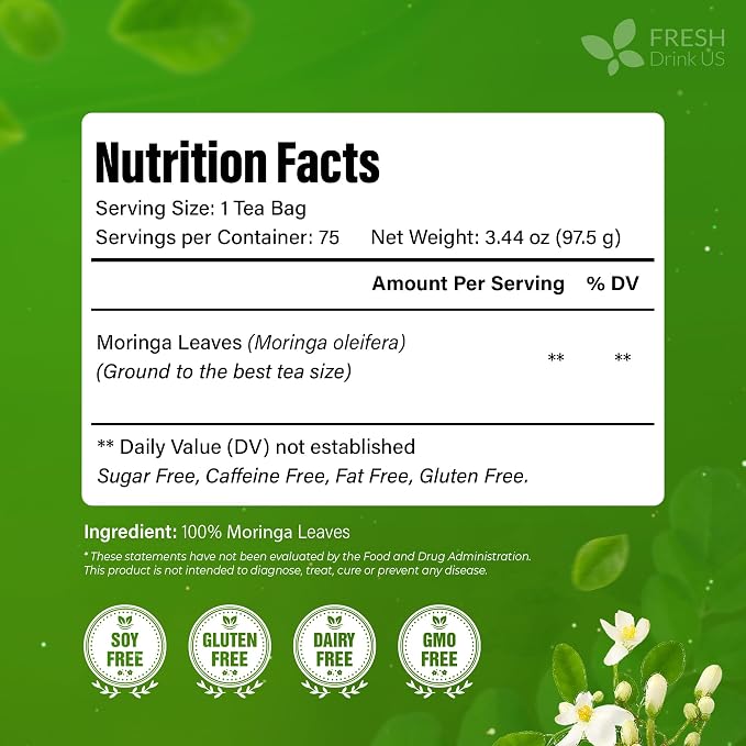 FreshDrinkUS, Premium 75 Moringa Tea Bags, 100% Natural & Pure, Herbal Tea, Made with Natural Materials-Corn Fiber Tea Bags, Sugar/Gluten Free. Rich in Antioxidants and Vitamins.
