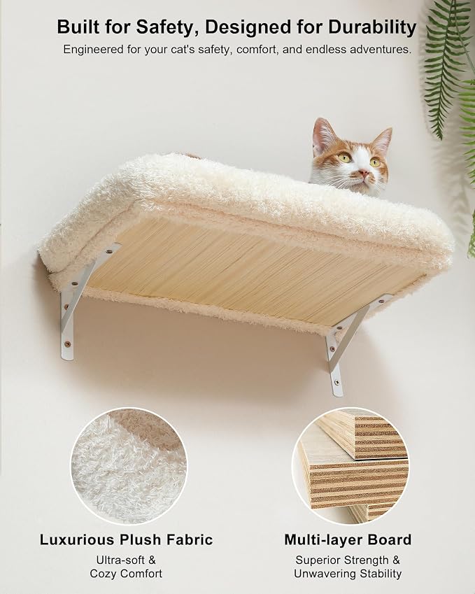 FUKUMARU Cat Wall Shelves Set, 70 inch Wall Mounted Tree, Beige | Kitten Scratching Post with Soft Cushion Perch, Space Saving Climbing Wall Furniture for 16 Inch Drywall