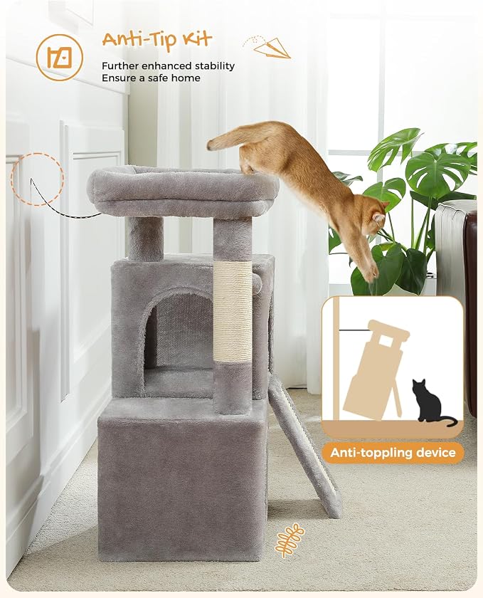 PAWZ Road 30" Cat Tower, Small Cat Tree with 2 Condos for Indoor Cats | cat trees for small cats,cat houses with scratching ramp and posts,dual condos&top perch for multi-cat