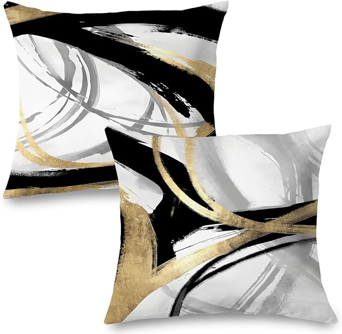 Black White and Gold Pillow Covers, Abstract Black and Gold Pillow Covers 26x26 Set of 2, Modern Boho Home Decor, Black and Gold Pillows Decorative Throw Pillows for Couch Living Room Bedroom
