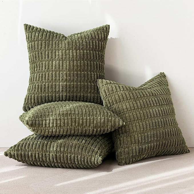 MIULEE Pack of 4 Corduroy Decorative Throw Pillow Covers 18x18 Olive Green | Neutral Rustic Farmhouse Boho Soft Striped Pillow Covers,Home Decor for Sofa,Living Room,Couch,Bed
