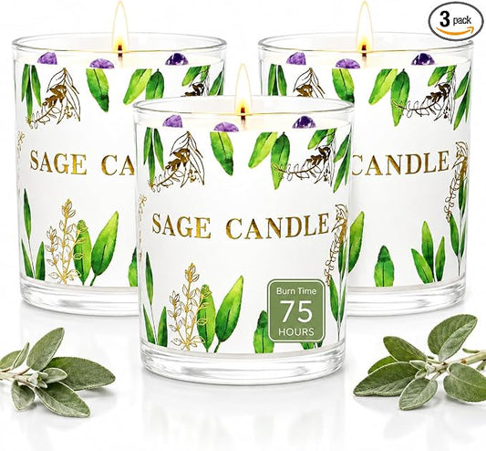 Candles, 3 Pack Sage Candle for Cleansing House Negative Energy, Scented Candles Gifts Set for Women, Crystal Candle Clearance with Crystal Healing Stones, Alternative to Smudge Sticks, Relax & Mind