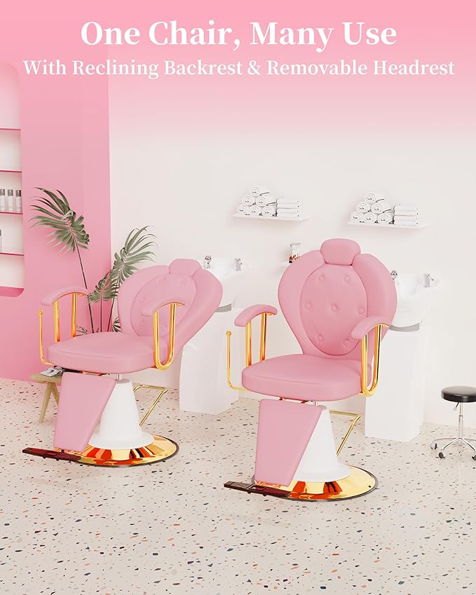 Baasha Pink Reclining Salon Chair for Hair Stylist, All-Purpose Hydraulic Barber Chair, 360° Swivel Design, Adjustable Headrest, Heavy-Duty Base, 440 lbs Capacity